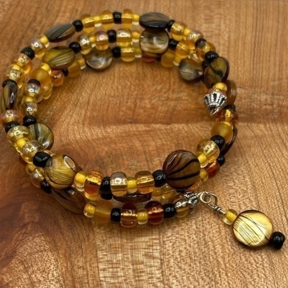 Memory‎ Wire Bracelet Gold Brown Black Beaded Wrap Around Boho Coil Bracelet